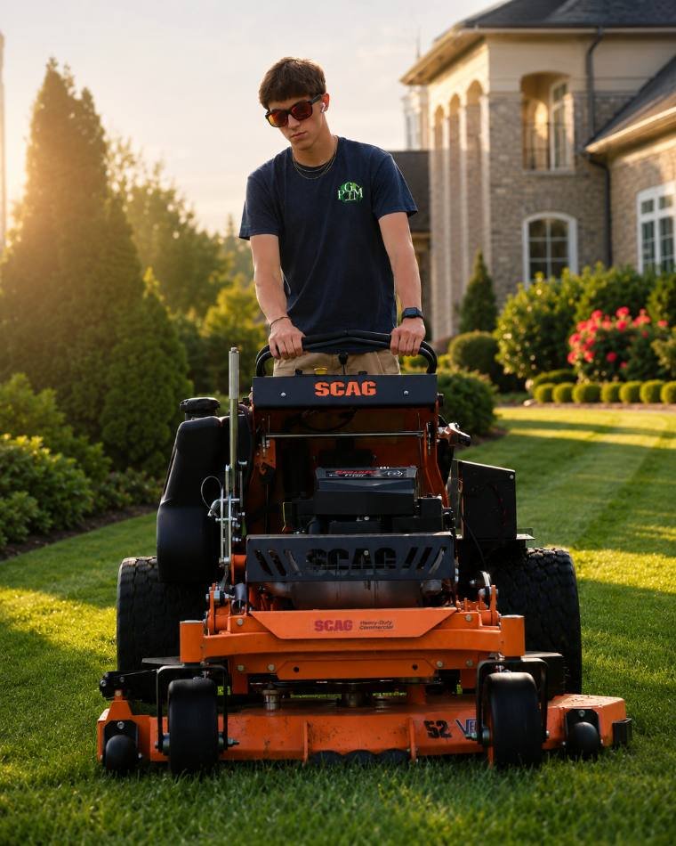 Reid Parsons mowing a striped lawn on a SCAG stand-on mower in Richmond, KY